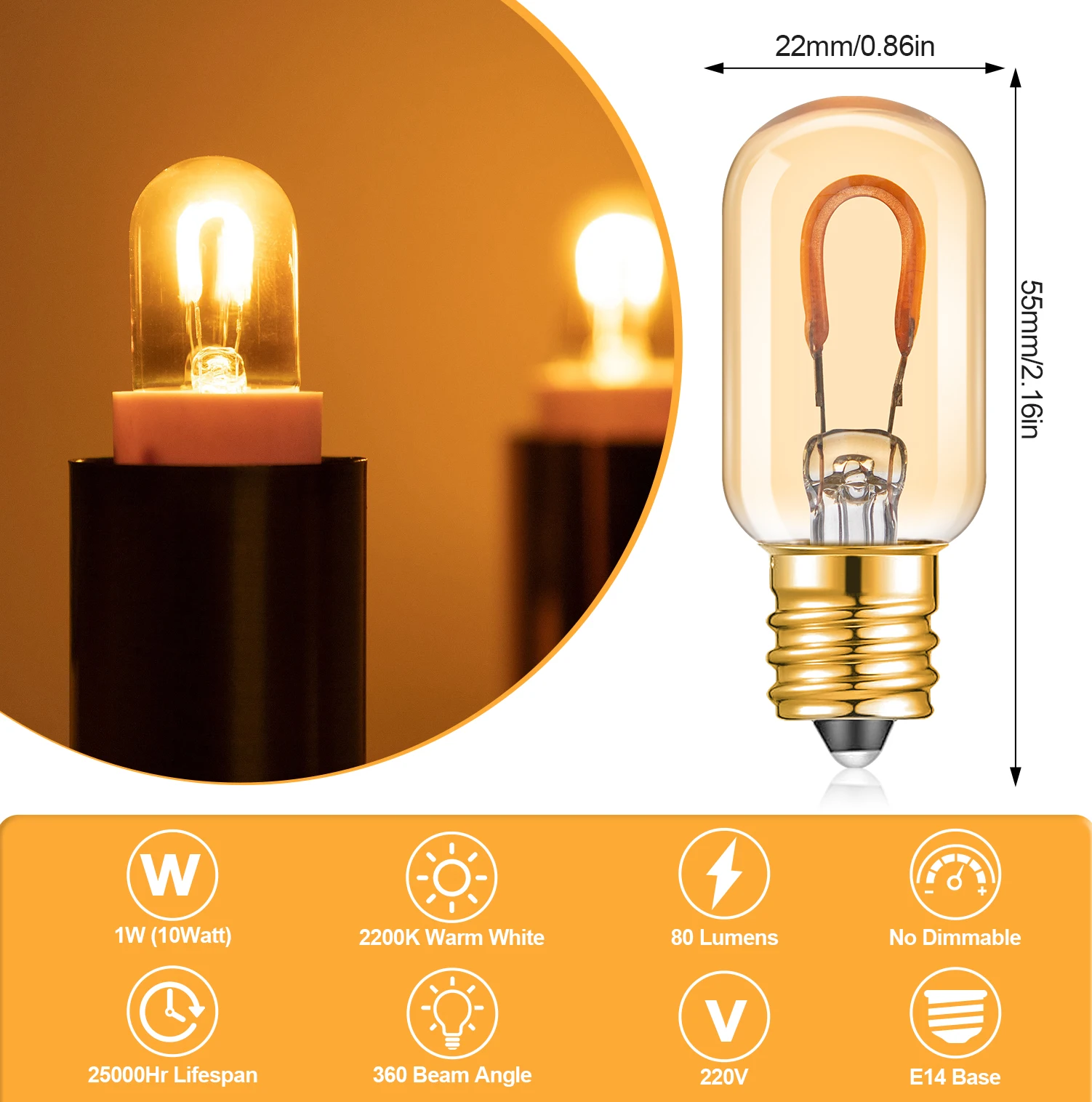 6 قطعة لمبة LED خمر T22 العنبر اديسون ضوء لمبة 1 واط 220 فولت عكس الضوء 2200 كيلو الديكور مصباح LED E14 E12 استبدال أمبولات الزجاج