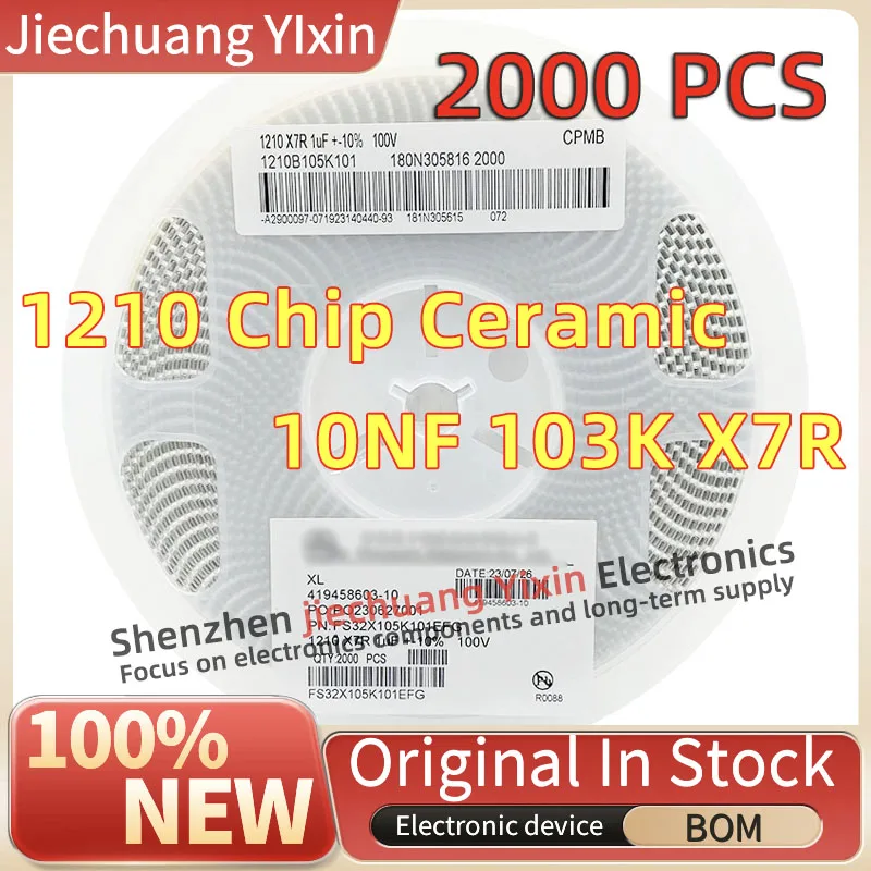 

Chip Ceramic Capacitor 1210 10NF 250V 500V 630V 1000V 2000V 103K 10% accuracy X7R material 3225 Capacitance 2000pcs