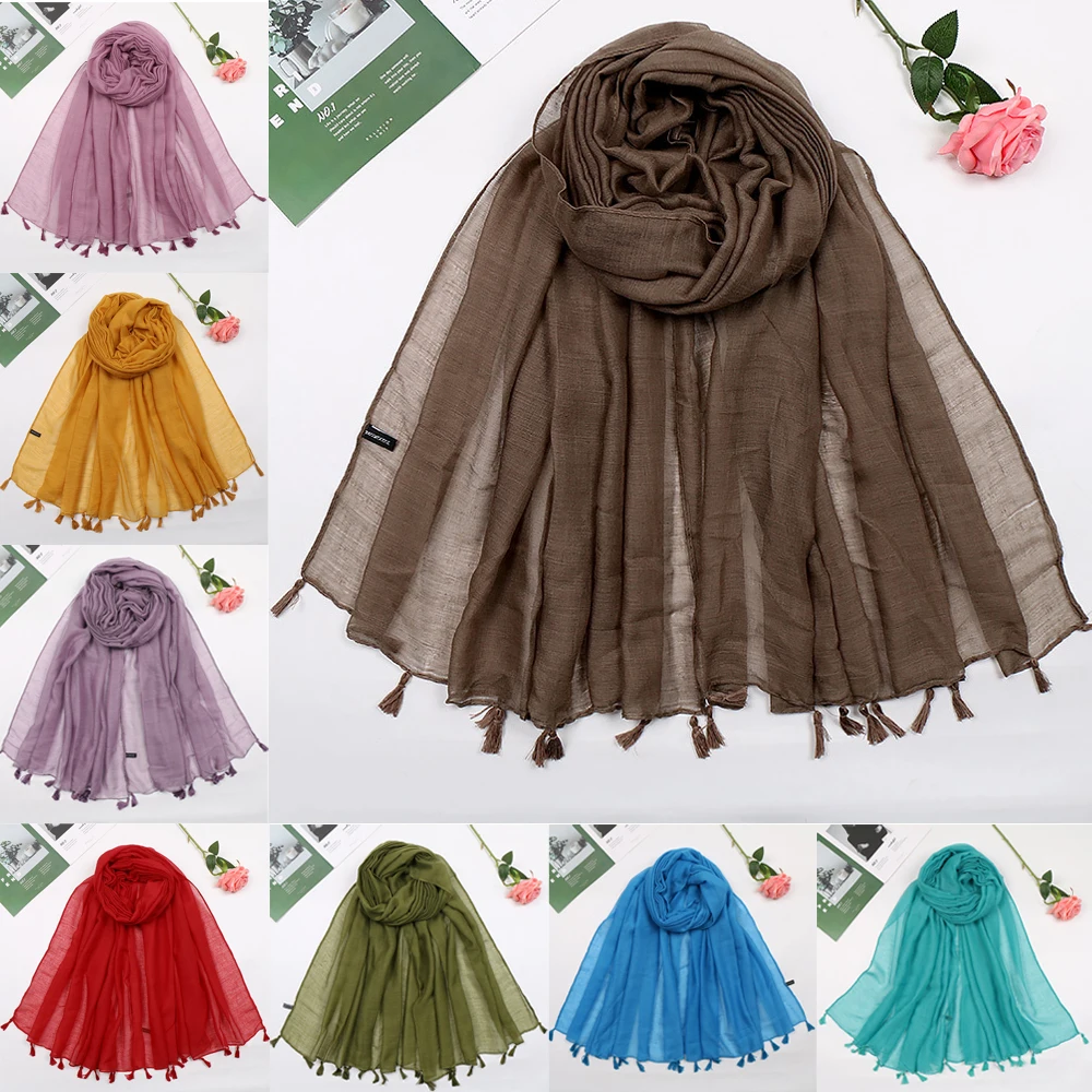 

Viscose Cotton Linen Scarf Women Tassel Long Shawl Wrap Fringed Scarves Muslim Hijab Maxi Headscarf Islamic Turban Hijabs Plain