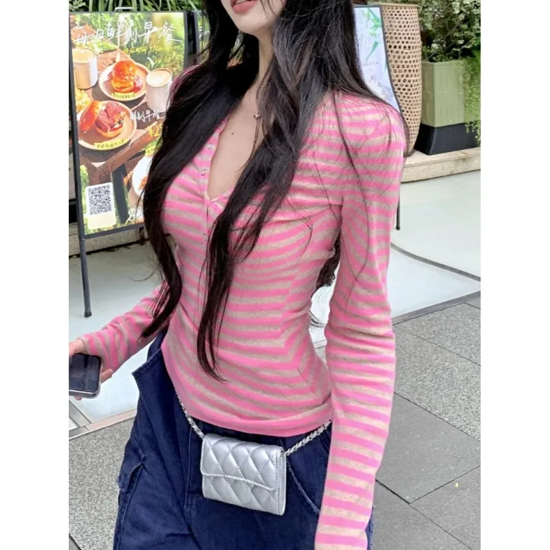 Vintage Striped Cute Women Tees Korean Fashion Button Fairy Grunge T-shirt Y2k Clothes Casual Spring Autumn Streetwear Pullovers