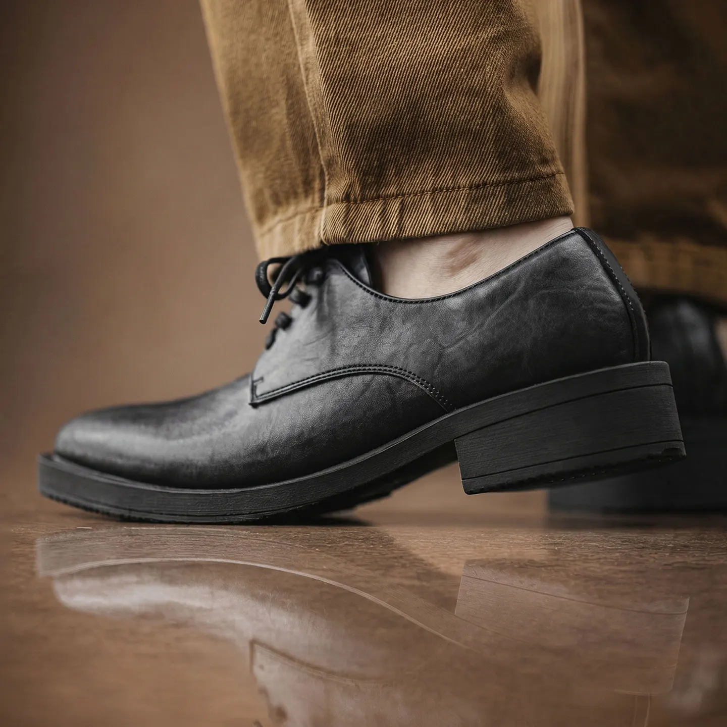MADEN Wizard Core Toe Derby Shoes Men Dark Matte Black Thick Sole Wizard Core Clean Fit Leather Wedding Office Casual Mens Shoes