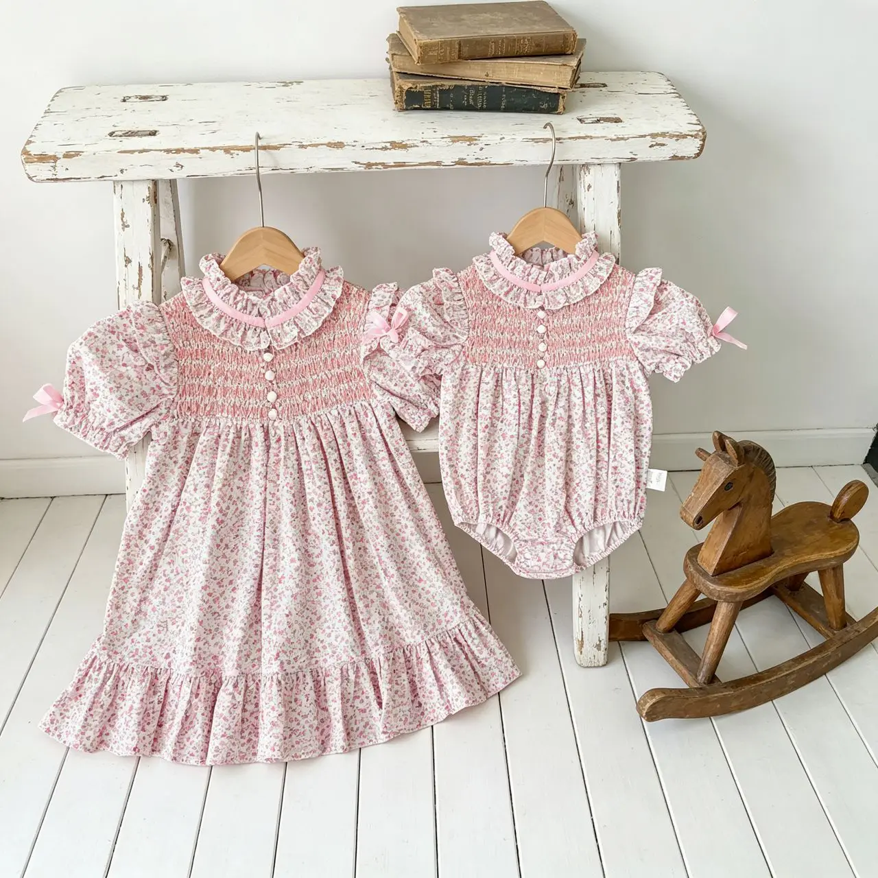 2026 Summer Sister Matching Outfits Floral Print Spanish Smocked Ruffle Neck Dress & Bodysuit Set Baby Girls Casual Clothes