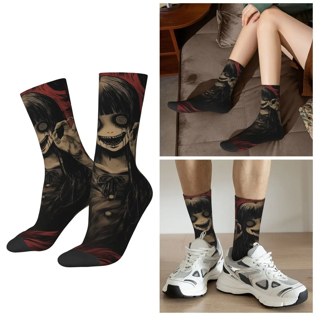 

All Seasons Retro Anime Horror Female Ghost Socks Harajuku Crew Socks Hip Hop Stockings for Men Women Gifts