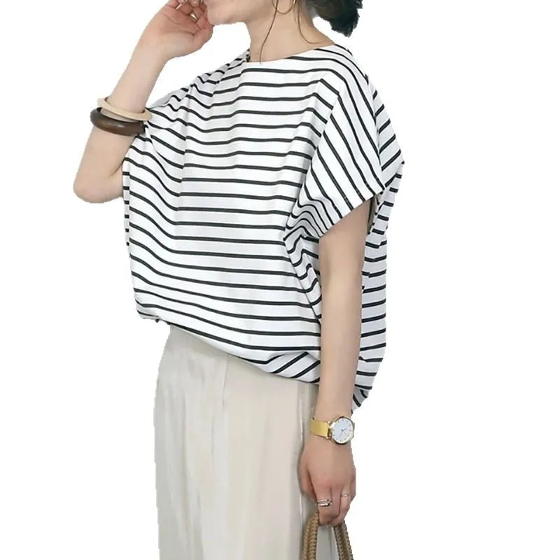 تي شيرت صيفي جديد بأكمام قصيرة للنساء، أكمام خفاش فضفاضة، رقبة دائرية، بلوزة كاجوال من القطن بلون سادة، التجارة الخارجية #5