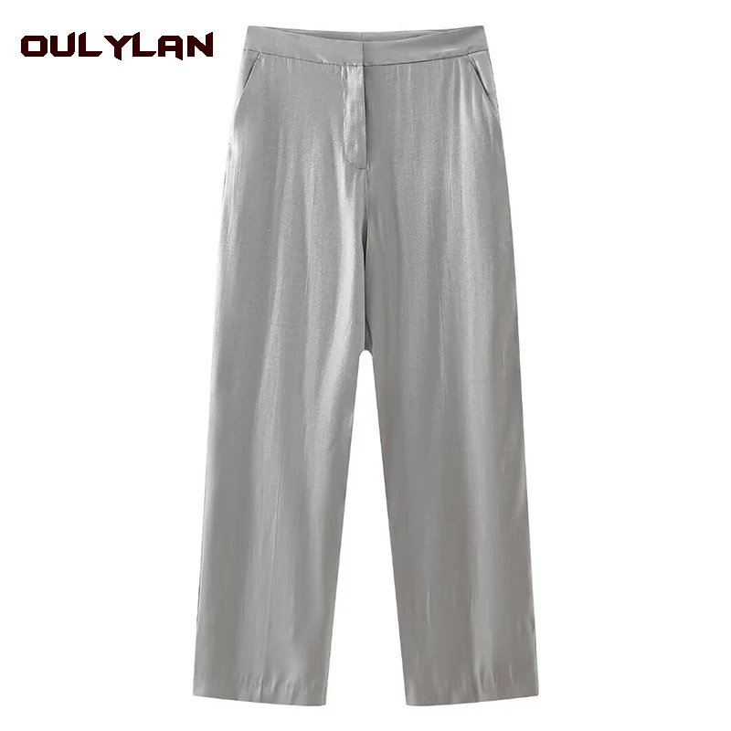 2024 Spring New Product European and American Cross border Women's Wear Metal Shining Straight Leg Pants Set for Women