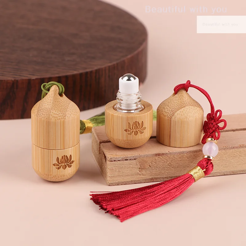 

1ml Bamboo Roller Empty Bottle Skincare Containers Ancient Style Roll On Bottles Small Perfume Essential Oil With Pendant