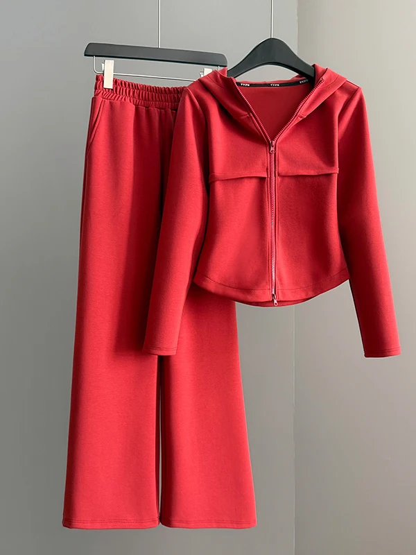 

Red Outerwear Top And Wide Leg Pants Two Piece Set Women's Spring Fashion Casual Comfortable Slimming High Waist Suit