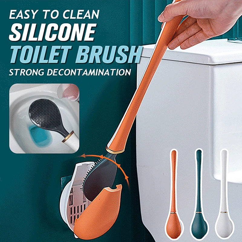 Modern Home Flexible Silicone Toilet Brush Water Leak Proof With Base Silicone WC Flat Head Flexible Soft Bristles Brush Holder