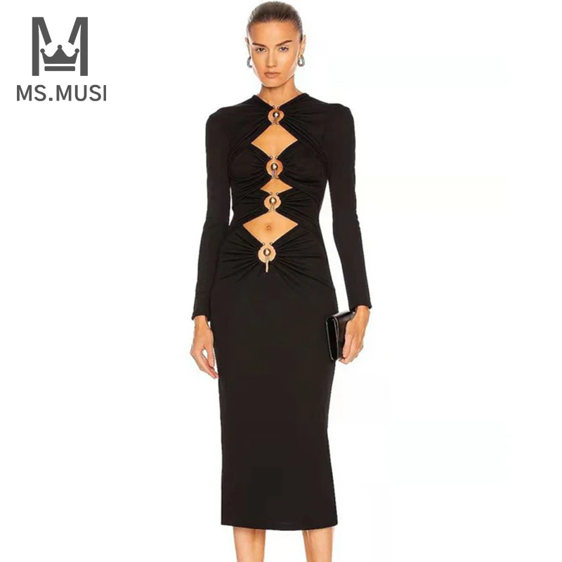 MSMUSI 2024 New Fashion Women Sexy Black Becket Hollow Out Long Sleeve Cut Out Bandage Party Club Bodycon Slim Event Midi Dress