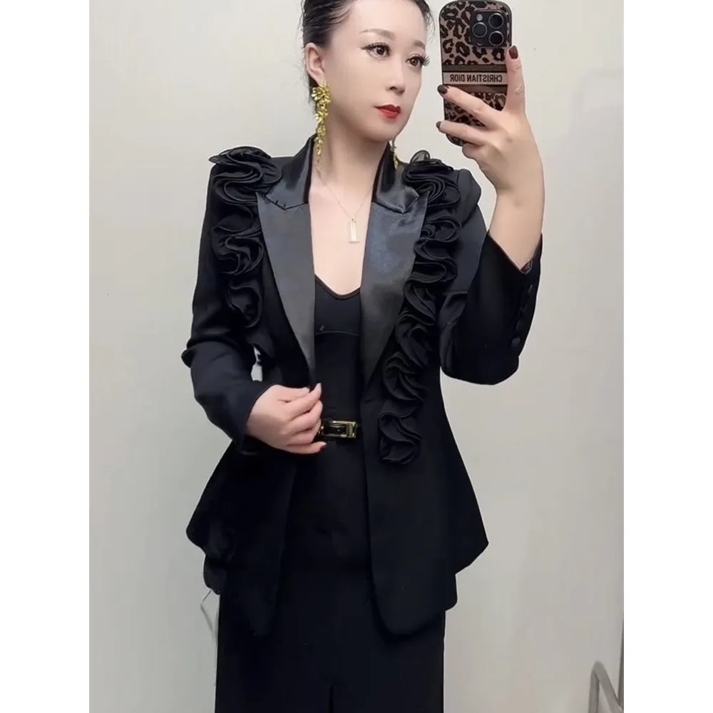

Новый модный женский пиджак 2026 года: изысканный, с объемными цветами, в стиле Heavy Industry, черный, трендовый