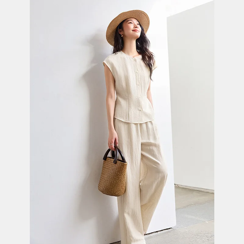 

VIMLY Women's Linen Blend Pant Sets 2025 Women Two Piece Summer Office Outfits Ladies Sleeveless Shirt + Wide Leg Pants M9725