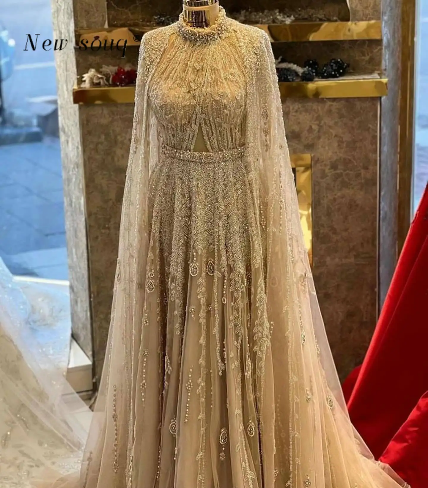 Arabic Luxury Dubai Muslim Cape Sleeves Beaded Evening Dresses Vintage Formal A Line Hijab High Neck Middle East Party Gowns