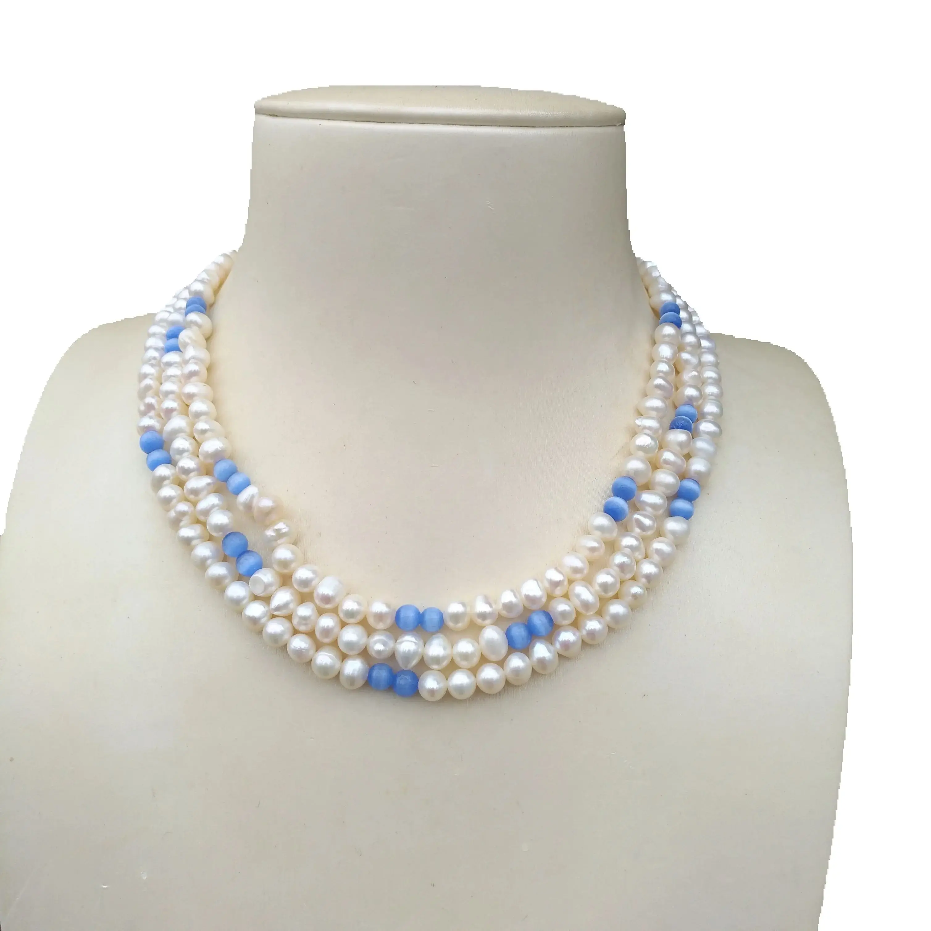 

gorgeous triple strands 5-6mm south sea white pearl With opal. necklace huge clasp
