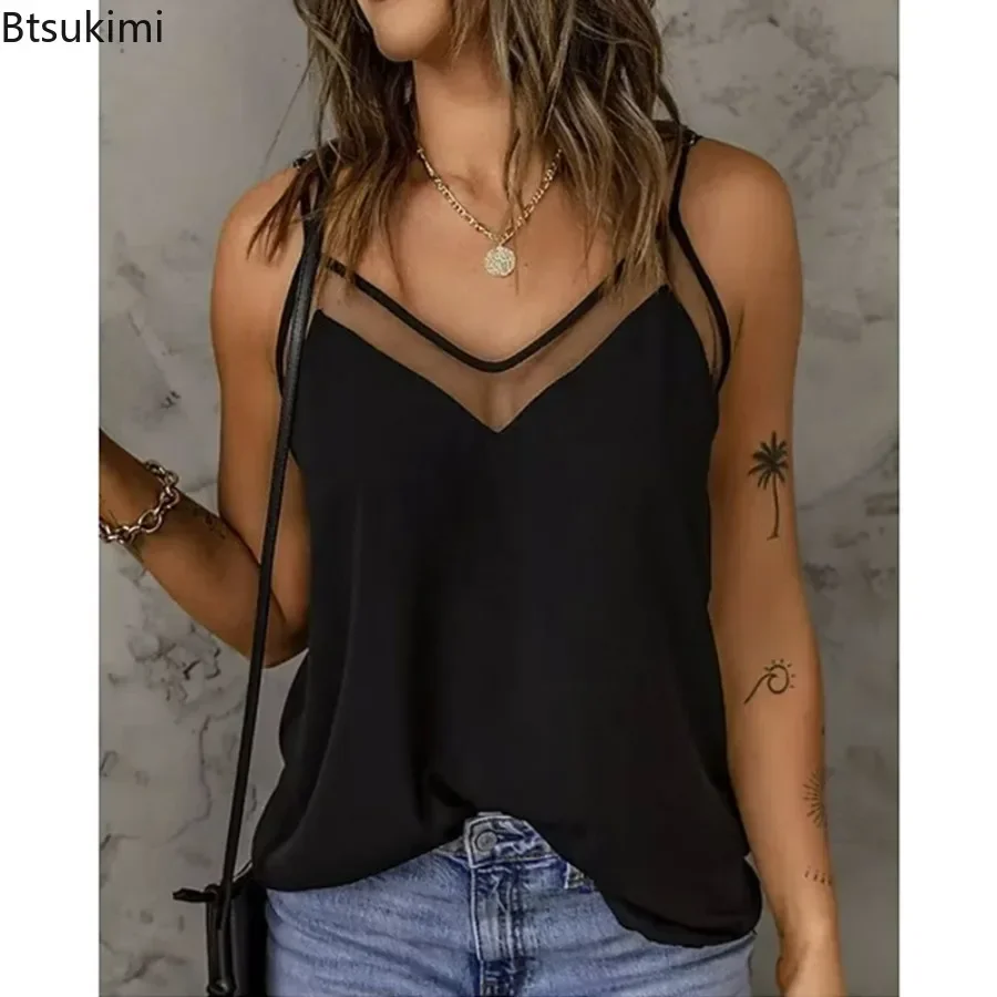 New 2024 Women\'s Sexy Stitching Loose Tank Tops Hollow Out V-neck Casual Vintage Summer Solid Color Suspenders Sleeveless Blouse