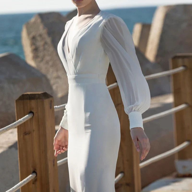 

MYYBLE Deep V-Neck Wedding Dresses Collar Vientage Hepburn Long Dress Women Backless White Sexy Dress Female Party Dress