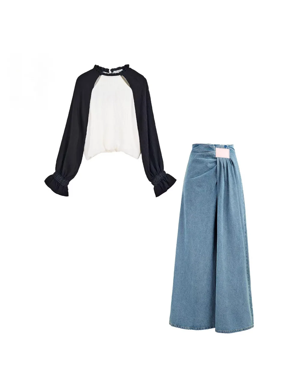 

Faionable round Ne Pleated oulder Long Sve Wide Leg Denim Jeans Women's Early Spring Set Casual Sle Spring Collection