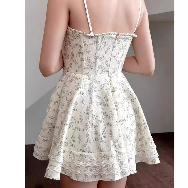 Spitze Trim Floral Print Spaghetti-trägern Kleid Frauen Urlaub Sommer Sexy Elegante Party A-line Mini Kleider Französisch Stil Robe