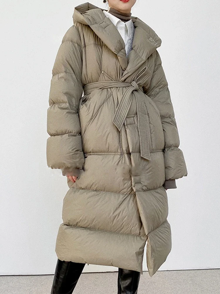 2023 New Oversize Hooded Winter Puffer Jacket Women Solid Thick Warm Sashes Tie Up White Duck Down Over The Knee Coat