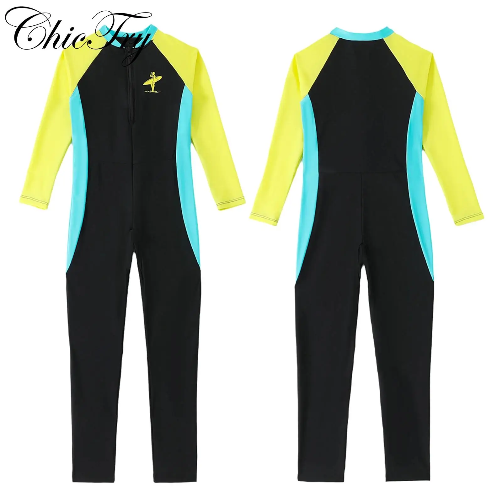 

Kids Boys One Piece Swimsuit Long Sleeves Full Body Color Block Sun Protection Swimwear Swim Rash Guard Beachwear Bathing Suit