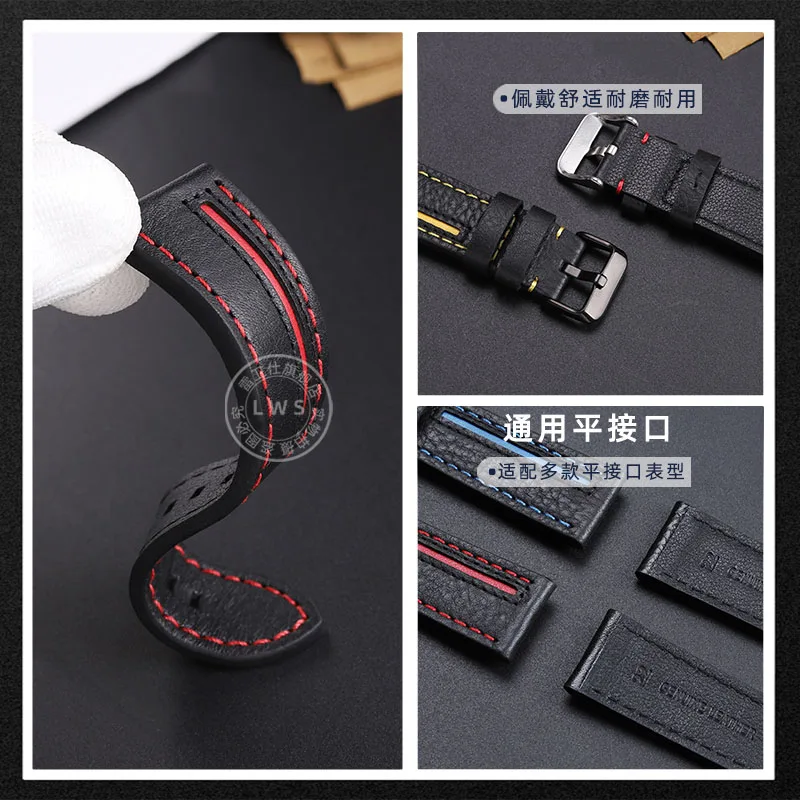 Cowhide lea/ther watchstrap 22MM soft black red blue yellow lines men watchband For CASIO EDIFICE EFR-303L 303D EQB-501 EFS-S500