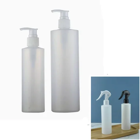 Bilashmart 200/120ml/250/500ml 4/8oz empty plastic soft natural-color HDPE cylinder round bottle with Trigger Sprayers treatment lock pump