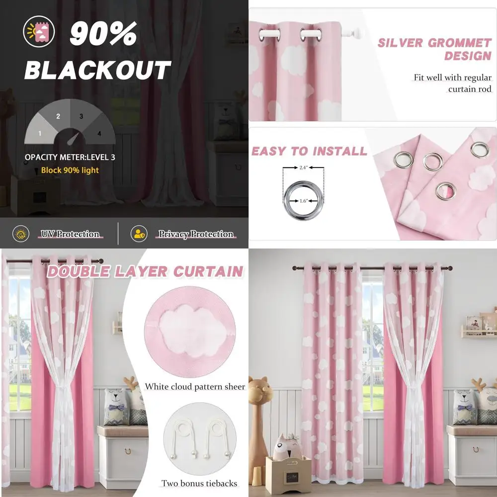 

Double Layer Pink Cloud Curtains for Girls' Room, 84 Sheer Grommet Panels, W52 x L84