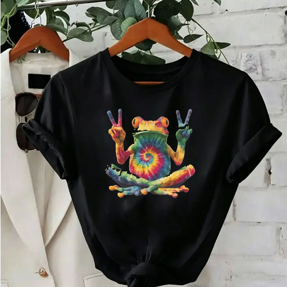 Colored Frogs Tops Peace Frog T-Shirt Trippy Hippie Psychedelic Tees Women High Quality Cotton Tops Unisex Clothes