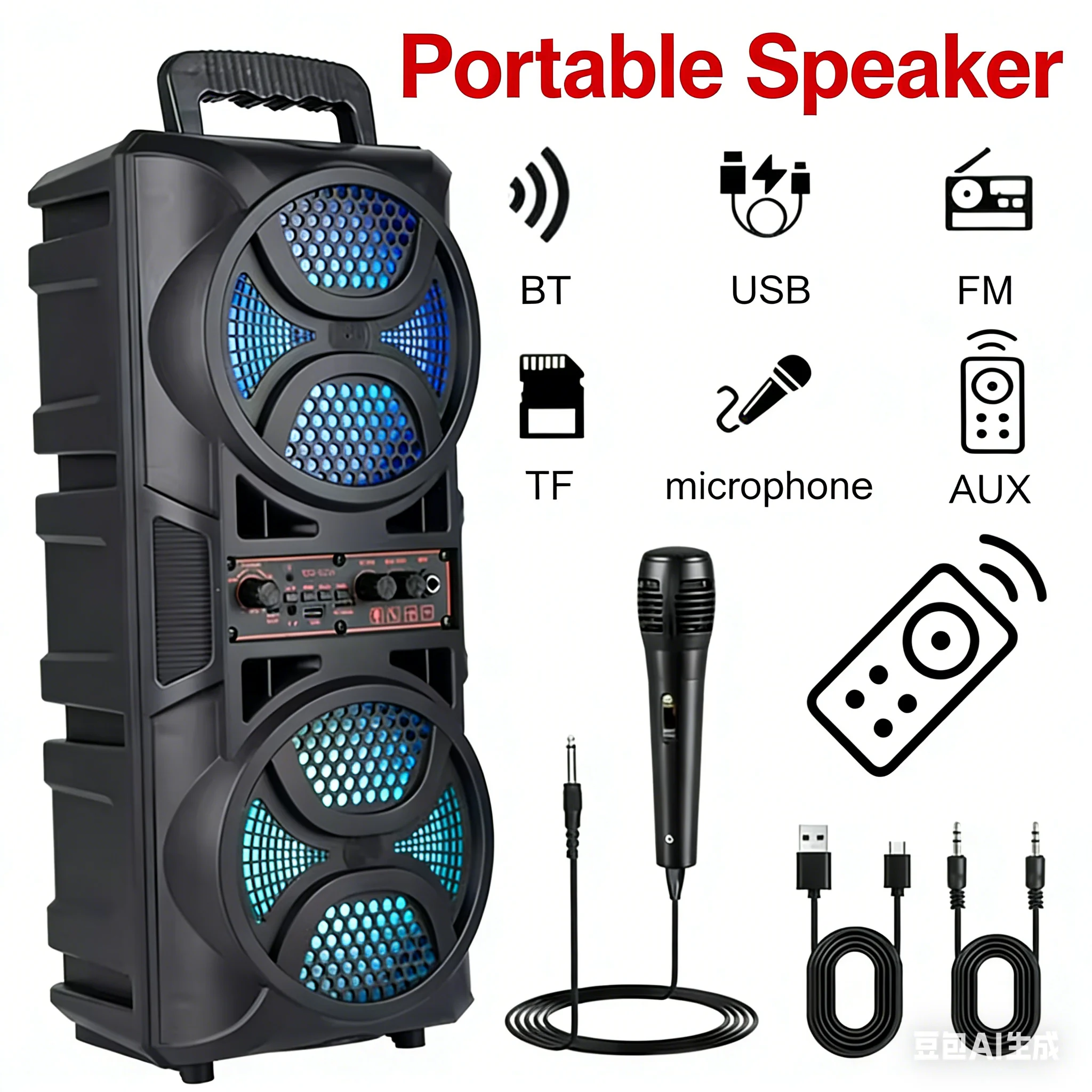 Portable Outdoor Wireless Speaker 6.5 Inch Stereo Subwoofer Deep Bass LED