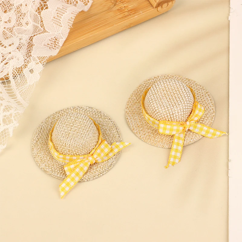2Pcs Miniature Straw Hat Mini Doll Straw Hats With Bow Hat Doll House Ornament Hand Weaved Dollhouse Accessories