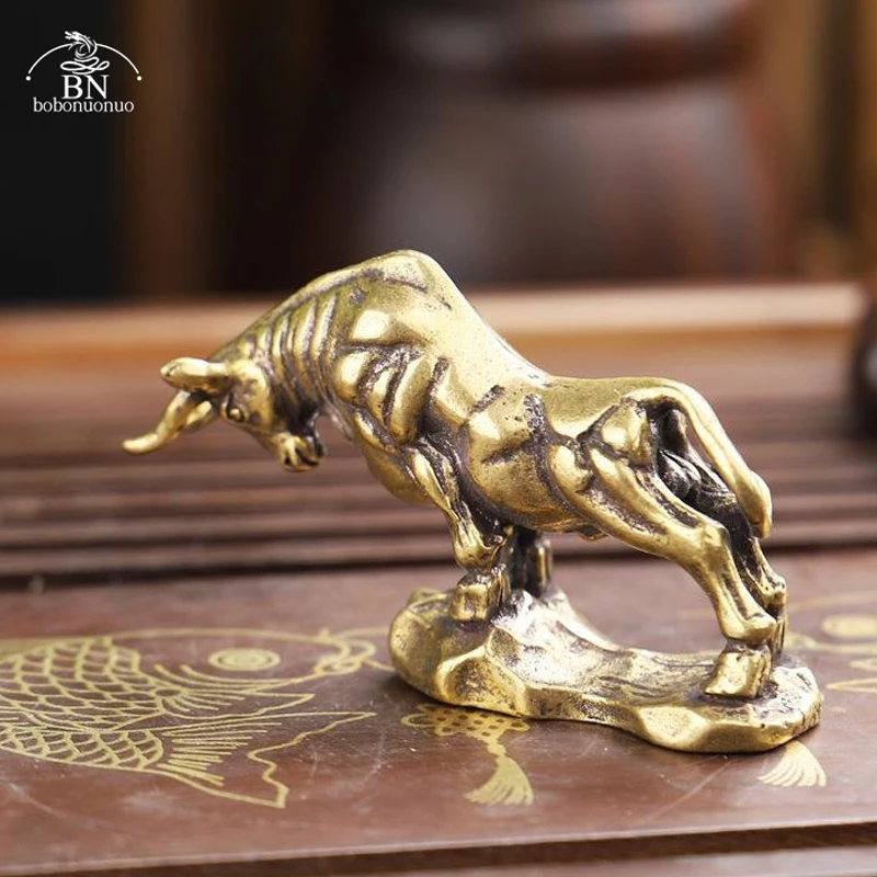 Antique Copper Bull Miniatures Figurines Small Ornaments Home Decoration Accessories Retro Brass Animal Statue Office Desk Decor