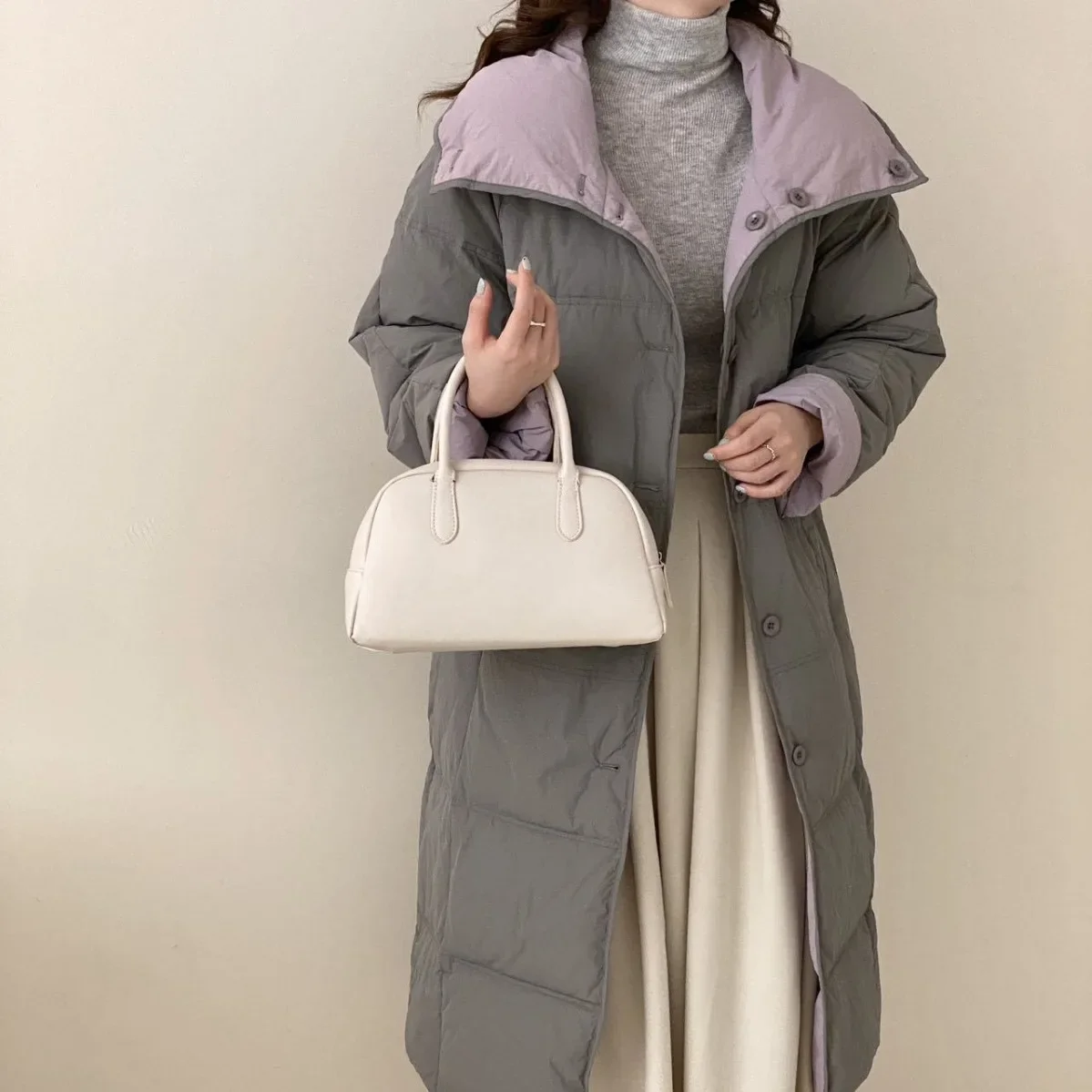 Two-side Wearing Down Jacket Women Mid-length Winter Color Collision Loose Warm Coat White Duck Down Thickened Casual Jacket