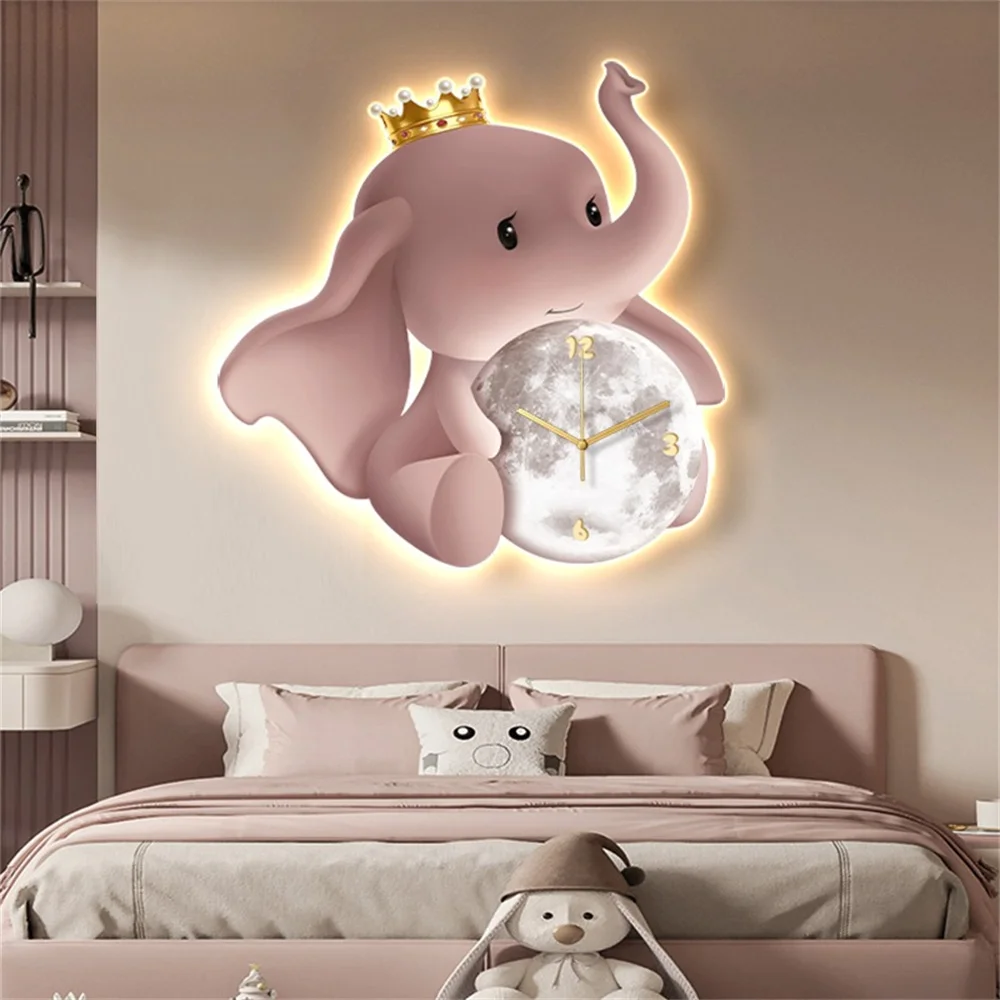 

Cartoon Elephant Moon Clock Mural Led Wall Lamp For Kids Bedroom Living Room Restaurant Indoor Decoration Hallway Night Lights