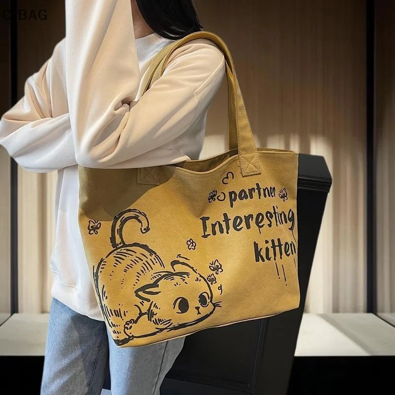 

Модная холщовая большая сумка для девочек; Сумка большой емкости с буквами аниме кота для повседневного использования
