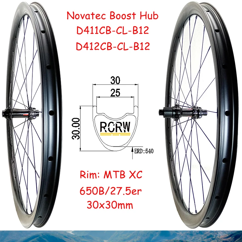 

650B/27.5er MTB XC 30X30mm Wheelset Carbon Rim 24H 30 Wide 30 Deep Novatec D411CB-CL-B12 D412CB-CL-B12 Boost Hub Microspline 12S