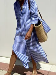 Commuting Ladies Shirt Dress 2024 Autumn New Lapel Single Breasted Striped Printed Vestidos Elegant Lace Up Split Long Dresses