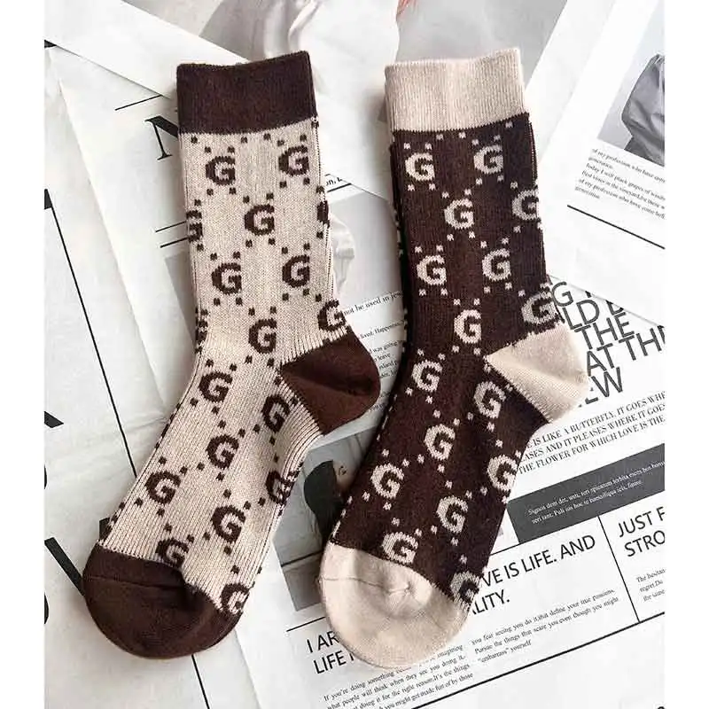 Winter Thickened Wool Socks, Women's Personality Letters, Maillard, Color-blocked Socks, Korean Ins, Tide Warm Wear