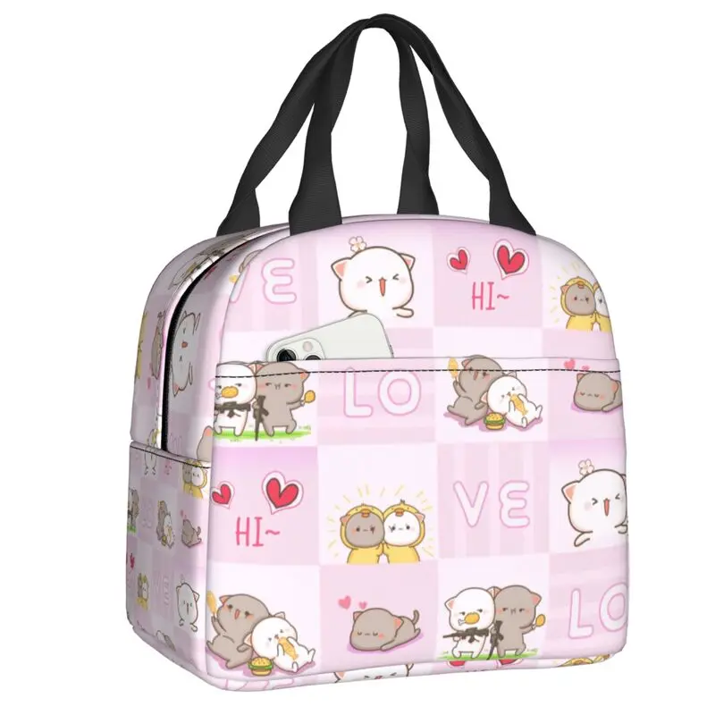 Peach And Goma Insulated Lunch Bags for Camping Travel Cartoon Mochi Cat Resuable Cooler Thermal Bento Box Women Children