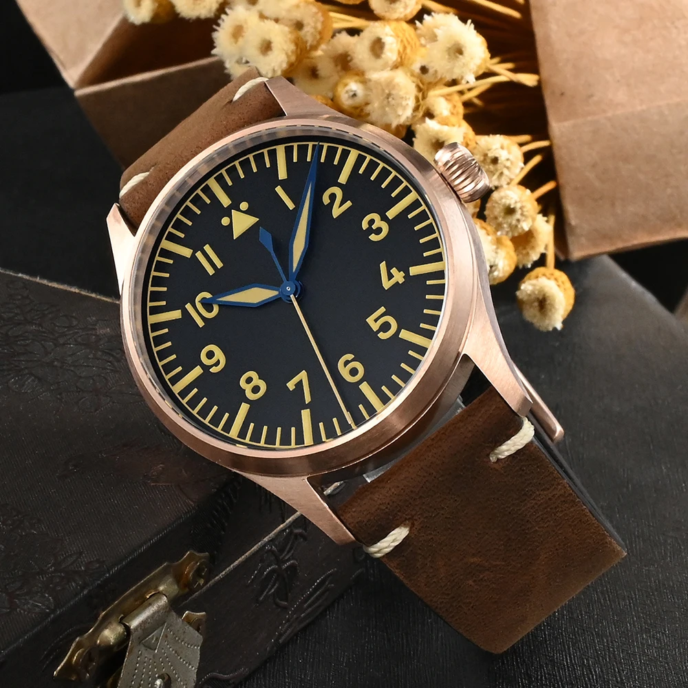 Imagem -04 - San Martin-relógio Piloto Mecânico 41 mm Clássico Relógio Militar de Bronze Pulseira de Couro Louco c3 10bar Luminoso St3621 Nh35