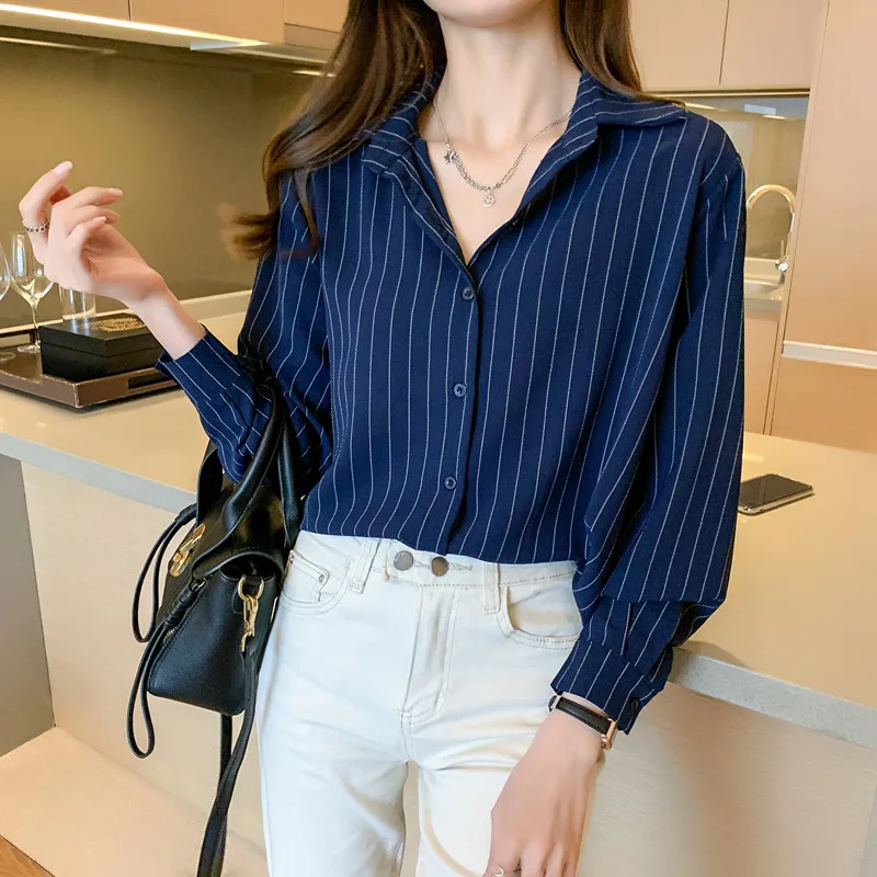 Fashion Woman Blouses 2023 Chiffon Long Sleeve Shirt Tops Woman White Blouse Shirts Striped Top Pretty and Cheap Women\'s Blouses