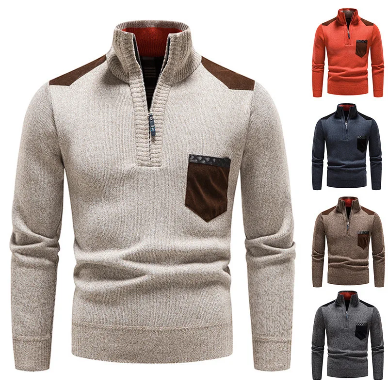 Sweater Men's Autumn And Winter Fleece Thickened Slim-fit Pullover Zipper Sweater Knitted Sweater Jacket Bottoming Shirt
