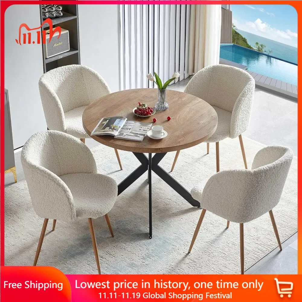 

5 Pieces Dining Room Sets, 37-Inch Round Table, MDF Table-top, Faux Fur Armchairs with Wood Grain Metal Leg, Dining Room Sets