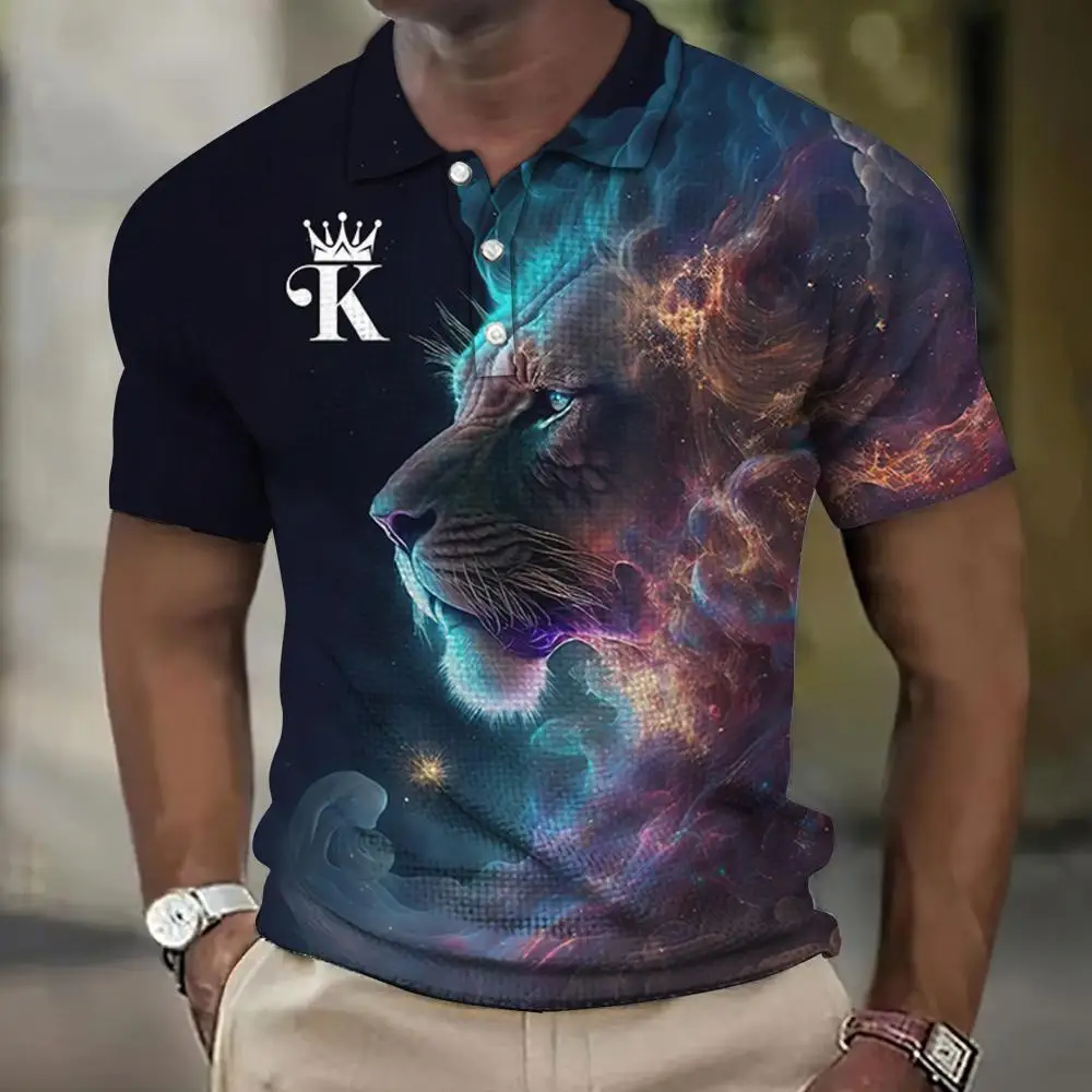 

2023 New Men's Polo Shirt Lion Indian Style 3D Printing Trend High Quality Men's Fashion Clothing Retro Short Sleeve Street Top