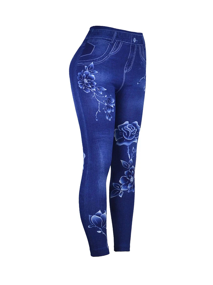 CUHAKCI Out Wear Peony Printed Tight ImiTation Denim Summer Women Pants Fitness Jeans High Stretch Seamless Fitness Yoga Legging