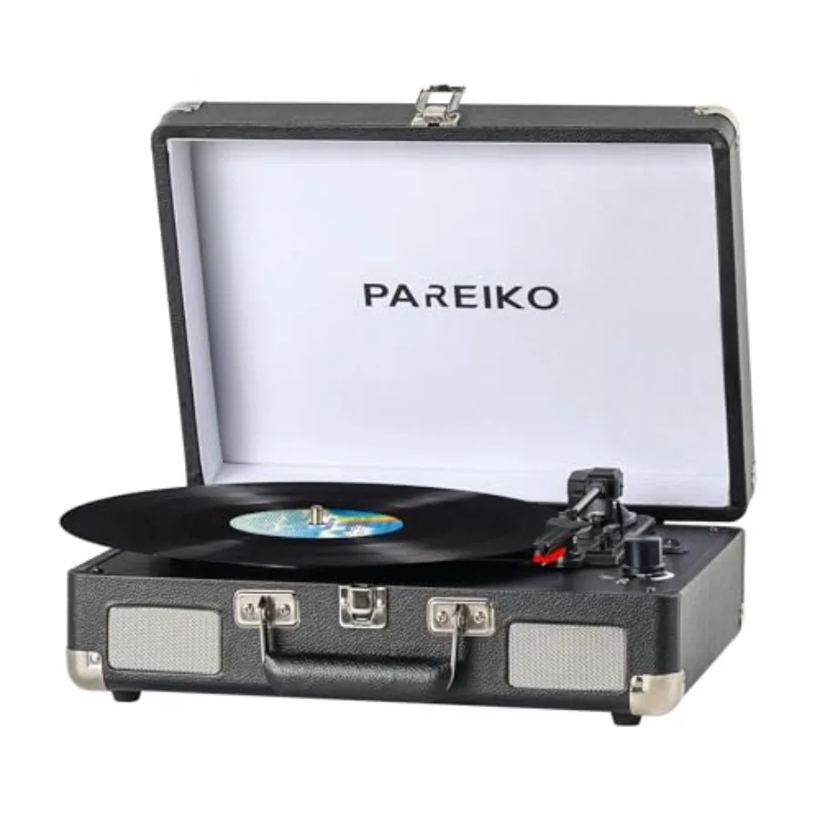 

Portable Vinyl Record Player with 3 Speed Turntable Bluetooth Connectivity 1800mAh Battery Retro Suitcase Design in Black for M