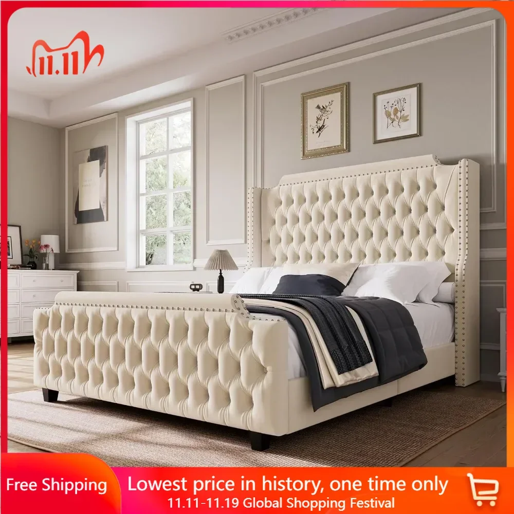 Queen Bed Frame with Deep Button Tufted Footboard 54