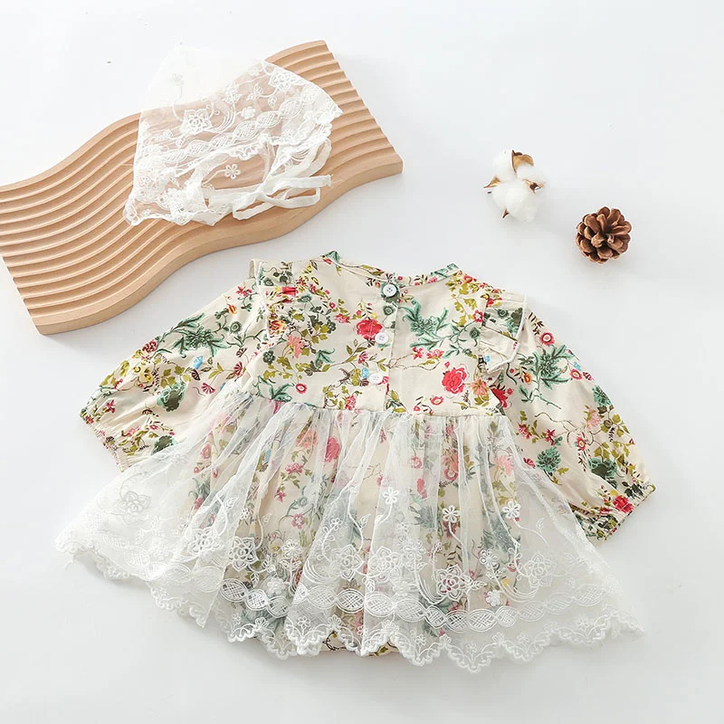 

Autumn Spring Children Clothes Princess Style Toddler Baby Girl Dress Romper+Hat Printing Splicing Infant Baby Girls Jumpsuit