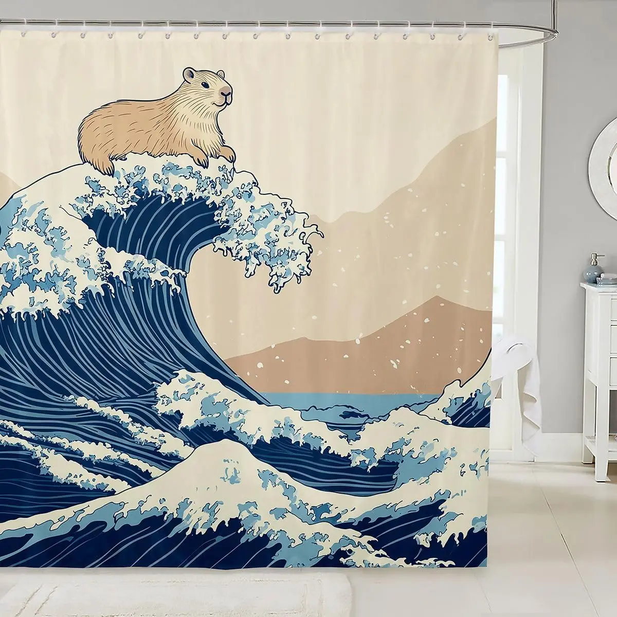 

Capybara on Great Wave Shower Curtain Japanese Art Style Ocean Print for Bathroom Decor