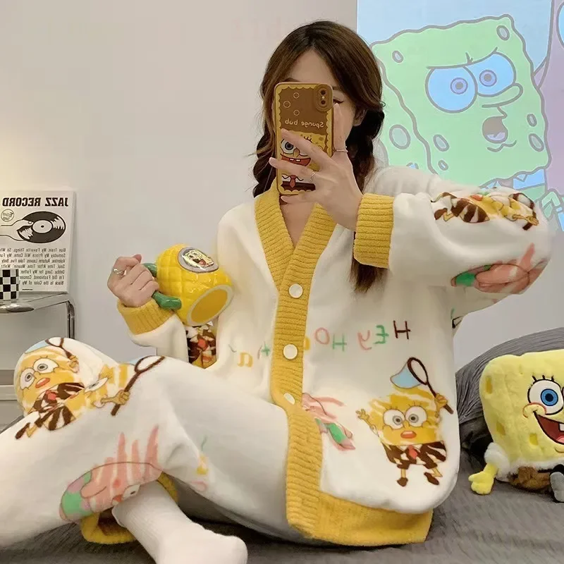 SpongeBob Pajamas Set Women Long Sleeve Cartoon Cute Two-pieces Sleepwear Girls Anime Home Clothes Fashion Kawaii Pajama Set