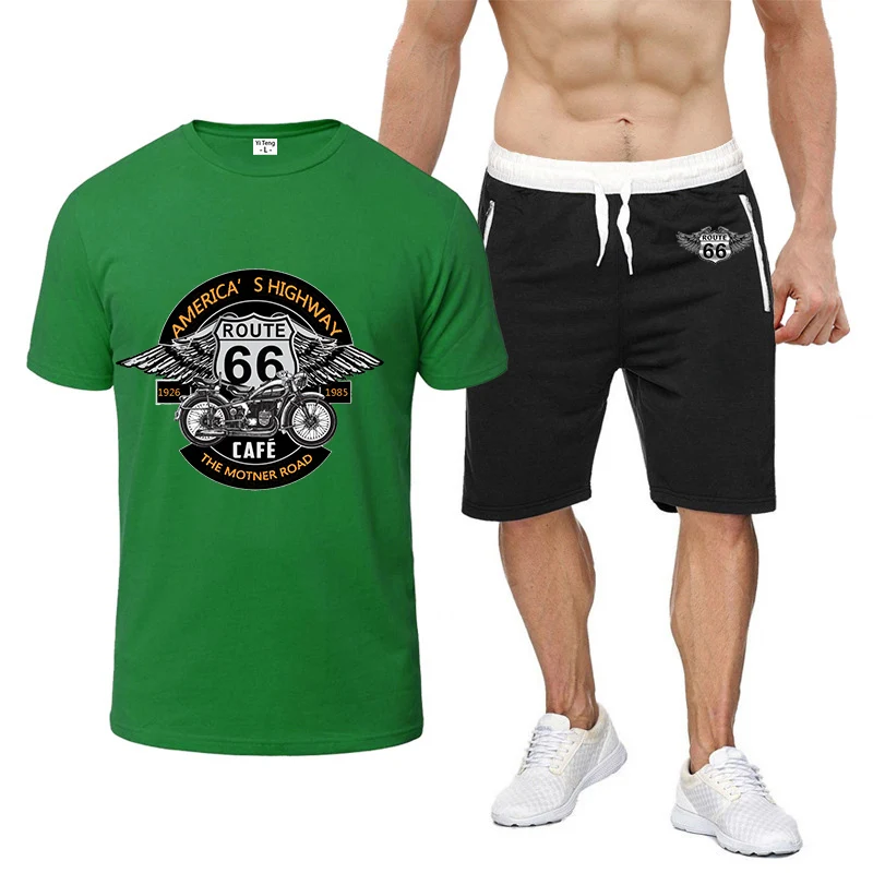 

2024 Vintage Route 66 Men Brand Summer Exquisite Printing Comfortable Casual Simplicity T-shirt Short New Short-Sleeved Suit