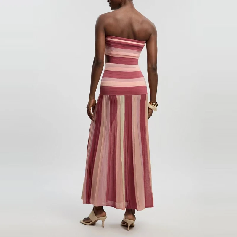 Elegant Strip Print Backless Beach Holiday Dress Luxury Splice Sleeveless Slim Dress New Sexy Tube Off Shoulder High Waist Dress